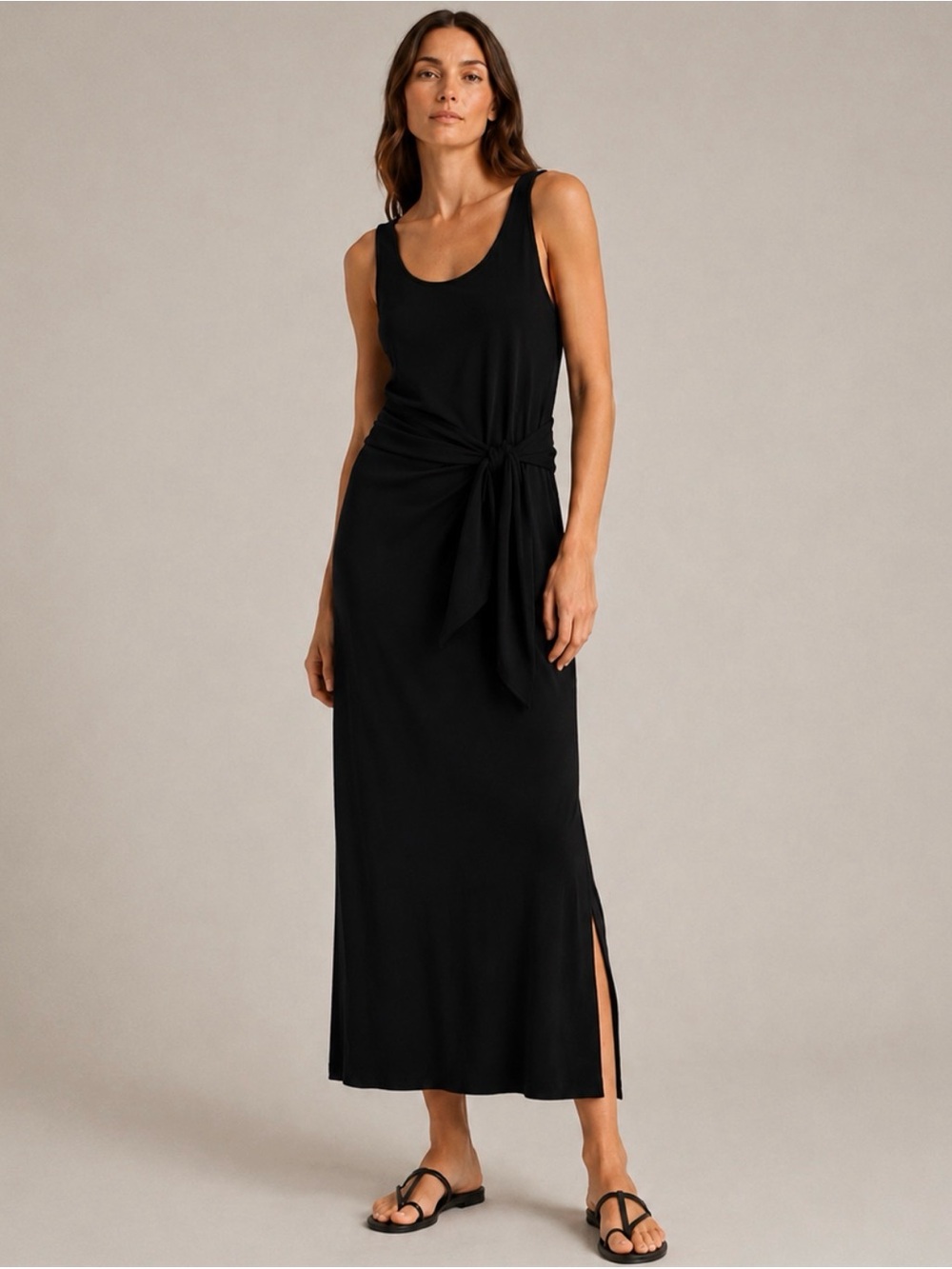 Vince Black Tie Waist Maxi Dress L Sleeveless Jersey Knit Quiet Luxury